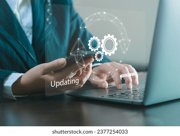 Update software applications and hardware upgrade technology concepts. Users use smartphone software updates or operating system upgrades. Updated on-screen progress bar Install app patches