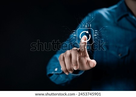 Update software concept. Person touching program upgrade technology on virtual screen. Operating system upgrade, Improved functionality in the new version.