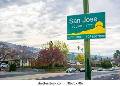 Updated San Jose, California City Limit Sign Indicating Population Of Over One Million And Founding Year 1777