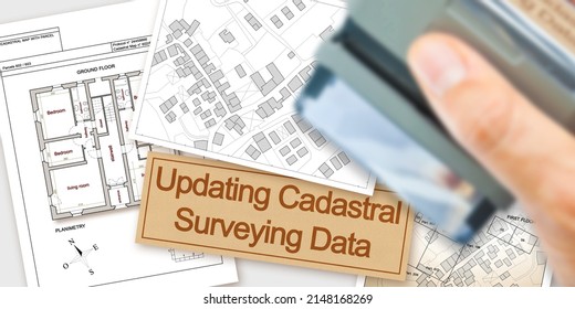 Updating public cadastral digital surveying databases and information about land registry - concept with an imaginary cadastral map of territory with buildings, roads and land parcel
