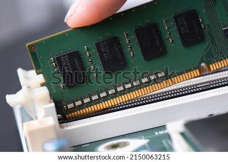 Upgrading the personal computer concept. Close up the DDR3 memory module or random access memory (RAM). 