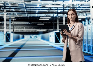 Upgrading systems, tablet and system administrator portrait in data center installing server racks. Monitoring infrastructure performance, device automation application and manager in server room