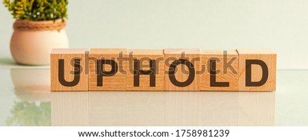 UPHOLD word made on wooden cube blocks and flower in a pot on background. Uphold and medicine concept. Healthcare concept.