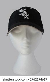 Upholland, Lancashire, UK, 23/06/2020, Chicago white Sox baseball cap on a white polystyrene wig stand. isolated on a pale grey background