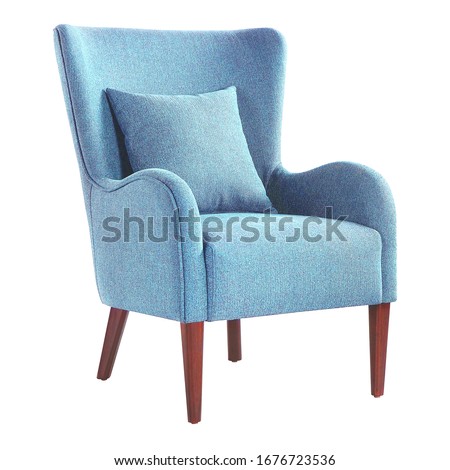 Upholstered Accent Chair Isolated on White. Modern Aqua Teal Blue Wingback Club Armchair with Pillow Upholstered Wing Armrests and Wooden Feet Side View. Interior Furniture. Turquoise Sofa Set