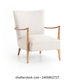 Upholstered French Art Deco Accent Wing Chair Isolated on White. White Armchair with Armrests in Naturally Worn Oak.  Sofa Set with Textural, Woven Fabric Seating. Interior Furniture Side View