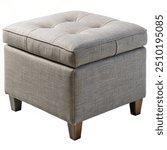 Upholstered grey ottoman with storage on a white background 