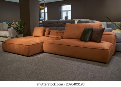 Upholstered pieces of furniture displayed for sale in showroom - Shutterstock ID 2090403190