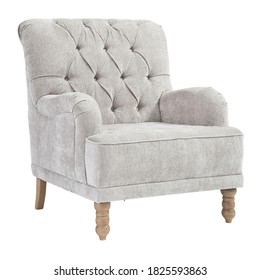 Upholstered Tufted Back Accent Chair Isolated On White. Modern Wingback Club Armchair With Upholstered Wing Armrests And Wooden Feet Front Side View. Interior Furniture. Gray Sofa Set
