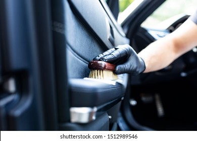 Upholstery Washing In The Door Of The Car. Cleaning The Interior Of The Car.