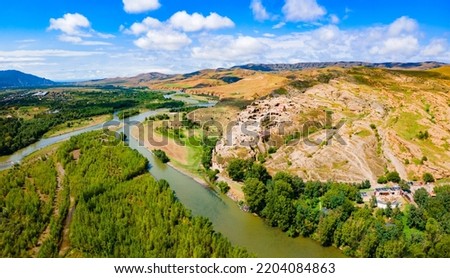 Uplistsikhe aerial panoramic view. Uplistsikhe is an ancient rock hewn town near Gori in Shida Kartli region of Georgia