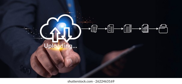 Uploading data to the cloud business technology process modern office digital workflow professional