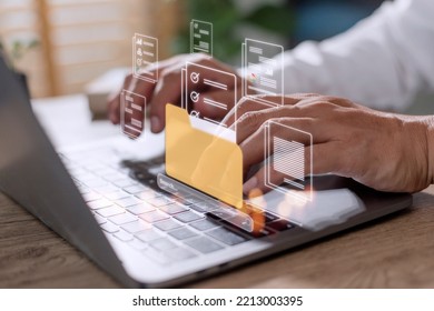 Uploading documents from folder. Open File folder with flying blank documents. Data transfer backup, File Sharing, Document Transferring concept