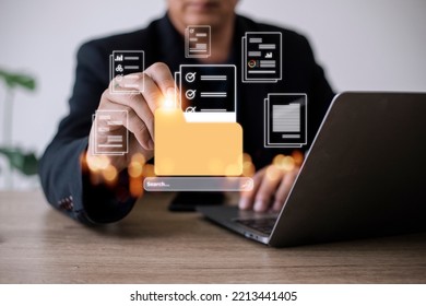 Uploading documents from folder. Open File folder with flying blank documents. Data transfer backup, File Sharing, Document Transferring concept - Shutterstock ID 2213441405