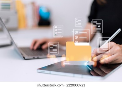 Uploading documents from folder. Open File folder with flying blank documents. Data transfer backup, File Sharing, Document Transferring concept