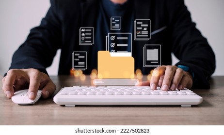 Uploading documents from folder. Open File folder with flying blank documents. Data transfer backup, File Sharing, Document Transferring concept