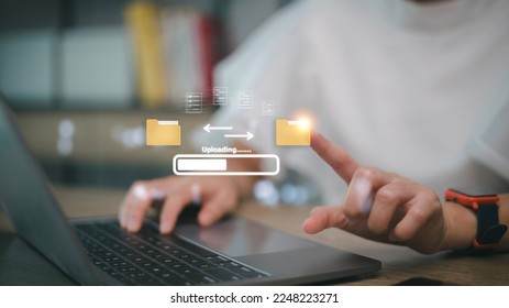 Uploading documents from folder. Open File folder with flying blank documents. Data transfer backup, File Sharing, Document Transferring concept