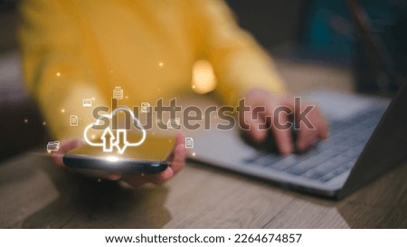 Uploading documents from folder. Open File folder with flying blank documents. Data transfer backup, File Sharing, Document Transferring concept