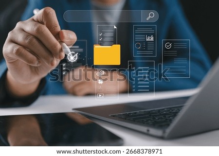 Uploading documents from folder. Open File folder with flying blank documents. Data transfer backup, File Sharing, Document Transferring concept.