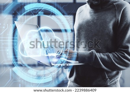 Uploading files to cloud concept. Close up of hacker hands using glowing digital cloud with arrow on blurry background. Double exposure