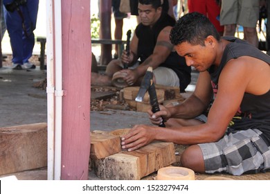 Upolu/Samoa_19 Sep 2019: A Samoan Man Demonstrate The Way Of Making Wood Carved Art Piece At Samoa Cultural Village.