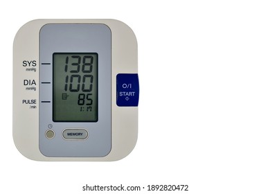 Upper Arm Blood Pressure Monitor At Home, With High Indicators Of Blood Pressure, Isolated On White Background.