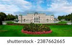 Upper Belvedere Palace in Vienna, Austria with reflection in the water fountain.