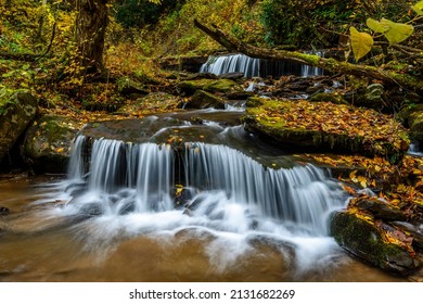 Upper Elk River tributary, Barton Mill Run waterfalls and November fall color in  Webster County, West Virginia, USA
