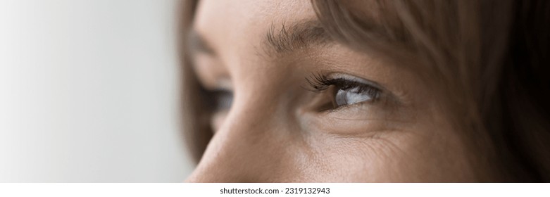 Upper face of woman looking into distance, close up side profile view, wide photography. Female advertises eye sight check up, professional clinic services, lenses, eyesight laser correction. Vision - Shutterstock ID 2319132943