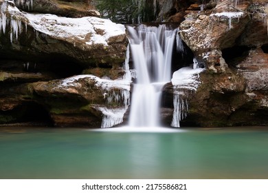 Upper Falls - Long Exposure Of Waterfall In Icy Winter Conditions - Appalachian Mountain Region - Hocking Hills, Wayne National Forest - Ohio