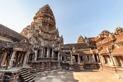 Upper Gallery And One Of Towers At Main Temple Mountain Of Ancient Temple Complex Angkor Wat In Siem Reap, Cambodia. Angkor Wat Is A Popular Tourist Attraction.