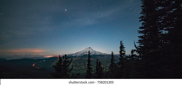 Upper Hood River Valley Illuminated At Night With Mt. Hood