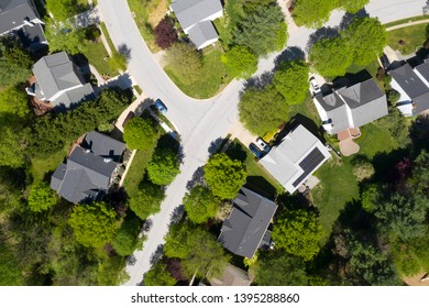 Upper Middle Class American Neighborhood With Curving Street In The East Coast Aerial View Panorama