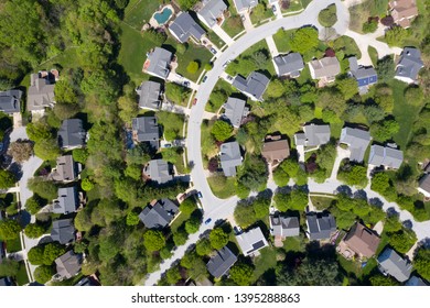 Upper Middle Class American Neighborhood With Curving Street In The East Coast Aerial View Panorama