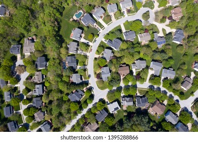 Upper Middle Class American Neighborhood With Curving Street In The East Coast Aerial View Panorama