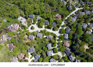 Upper Middle Class American Neighborhood With Curving Street In The East Coast Aerial View Panorama