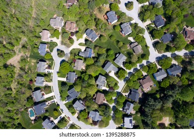 Upper Middle Class American Neighborhood With Curving Street In The East Coast Aerial View Panorama