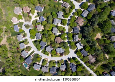 Upper Middle Class American Neighborhood With Curving Street In The East Coast Aerial View Panorama