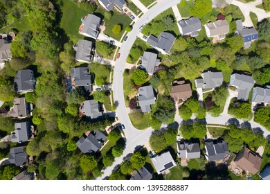 Upper Middle Class American Neighborhood With Curving Street In The East Coast Aerial View Panorama