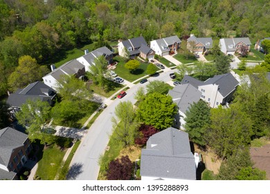 Upper Middle Class American Neighborhood With Curving Street In The East Coast Aerial View Panorama