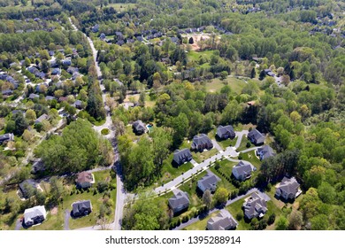 Upper Middle Class American Neighborhood With Curving Street In The East Coast Aerial View Panorama