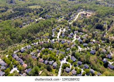 Upper Middle Class American Neighborhood With Curving Street In The East Coast Aerial View Panorama