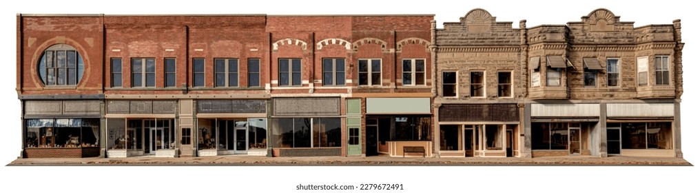 Upper Midwest, turn of the last century architecture. Storefronts like these usually faced the town square which was either a park or a courthouse. The image measures 46 inches in length. - Shutterstock ID 2279672491
