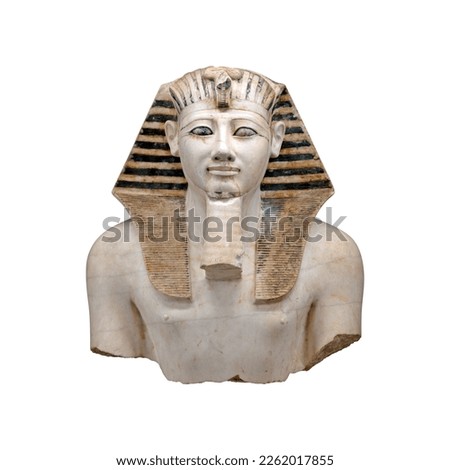 Upper part of a statue of ancient Egytpiant pharaoh Thutmose III, isolated limestone head and torso of a king of Egypt