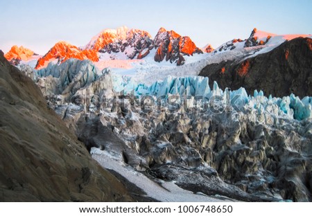 The upper section of the Fox Glacier at sunset. South island of New Zealand.