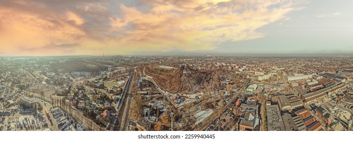 
Upper Silesia in Poland, aerial panorama in winter. Heap in the Rybnik Industrial District