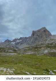The upper start section of hiking track PR-PNP 24 to the magnificient summits of Mounts Pena Remona, Torre de Salinas, La Padierna and Pico de San Carlos at Picos de Europa National Park, Spain.