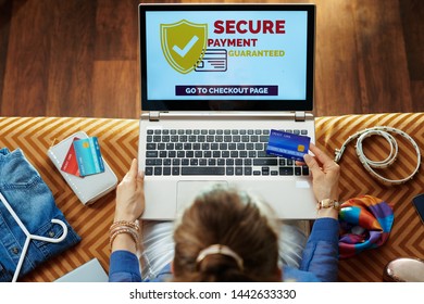 Upper view of stylish woman in blue blouse with credit card buying secure on internet on a laptop while sitting on divan in the modern living room.
