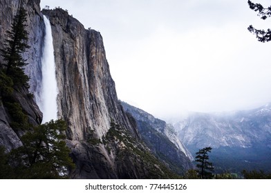 Upper Yosemite Falls on a foggy and rainy day