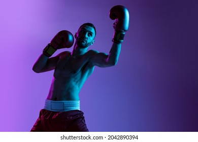 Uppercut. One professional boxer in gloves training, exercising on purple neon background. Fighter practicing in action. In motion. Health, sport, motion concept. Copy space for ad.